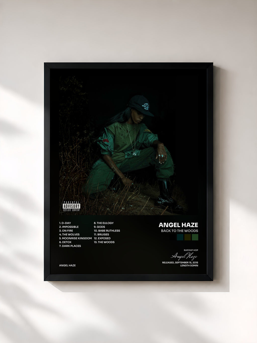 #noir Tableau de l'album Back to the Woods de Angel Haze, cadre noir, imprimé et encadré en France