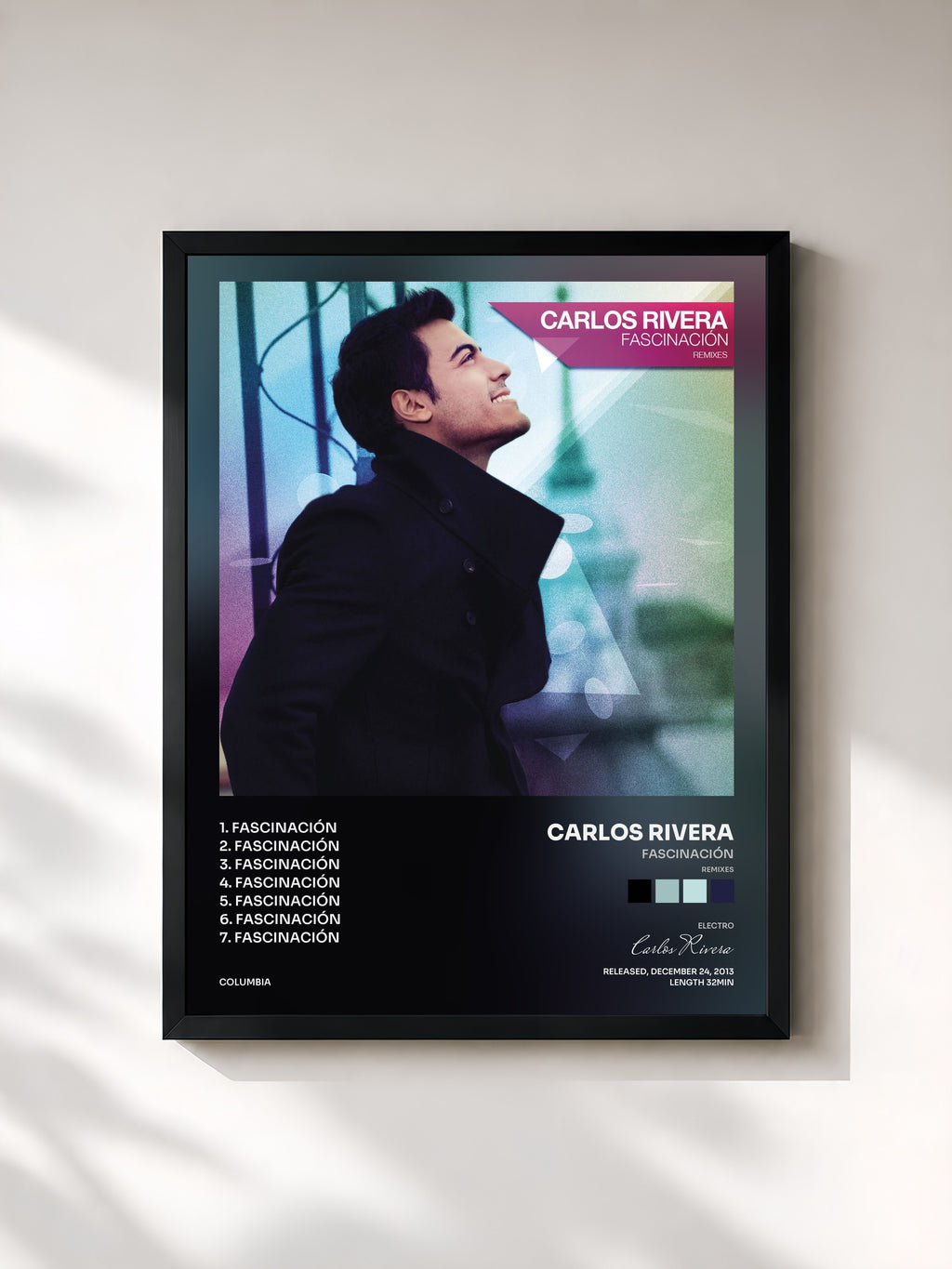 #noir Tableau de l'album Fascinación (Remixes) de Carlos Rivera, cadre noir, imprimé et encadré en France