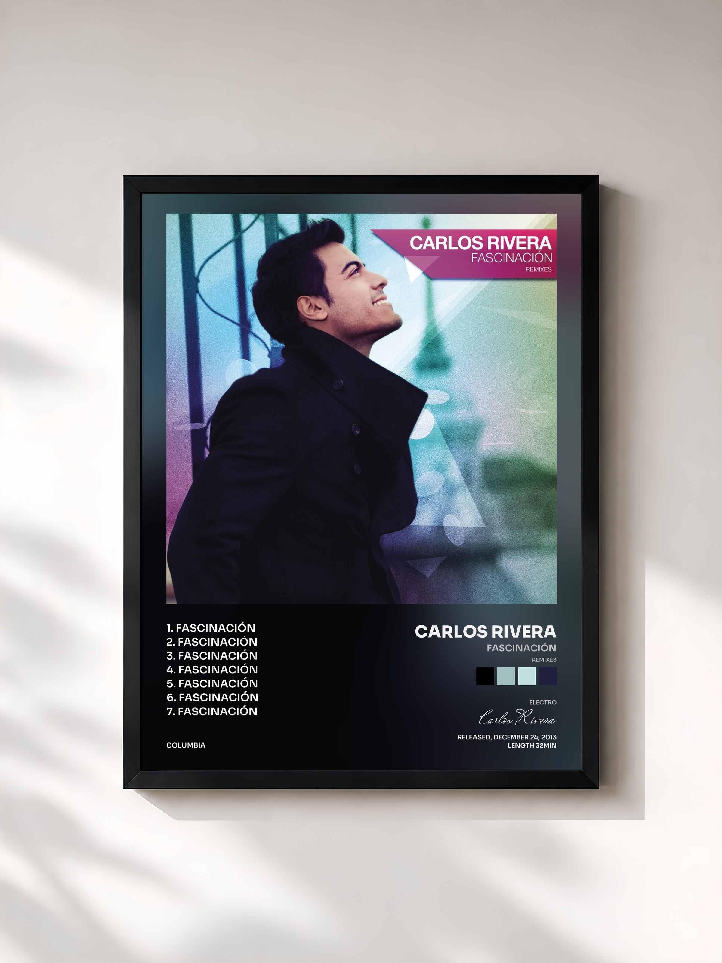 #noir Tableau de l'album Fascinación (Remixes) de Carlos Rivera, cadre noir, imprimé et encadré en France
