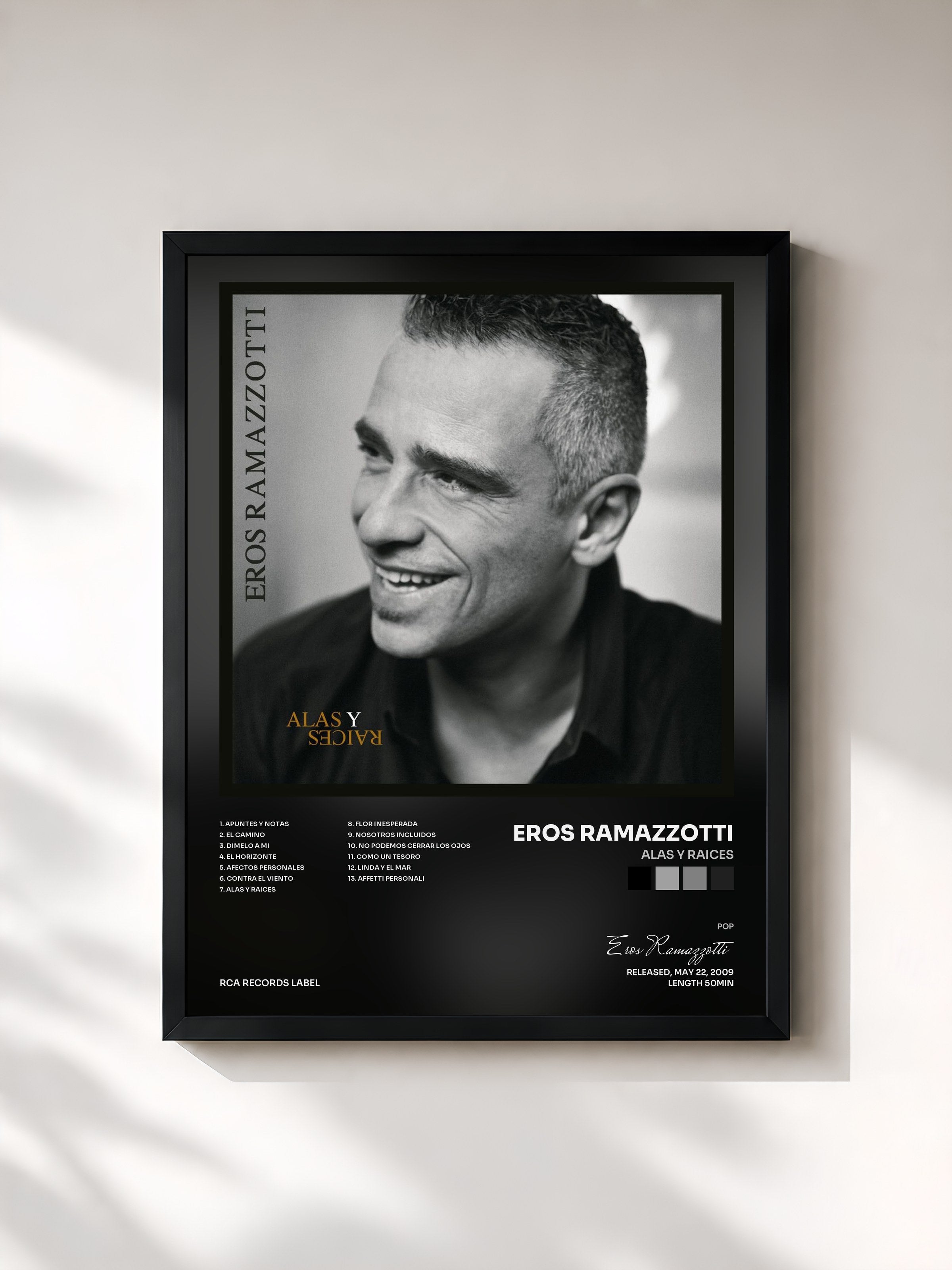 #noir Tableau de l'album Alas Y Raices de Eros Ramazzotti, cadre noir, imprimé et encadré en France