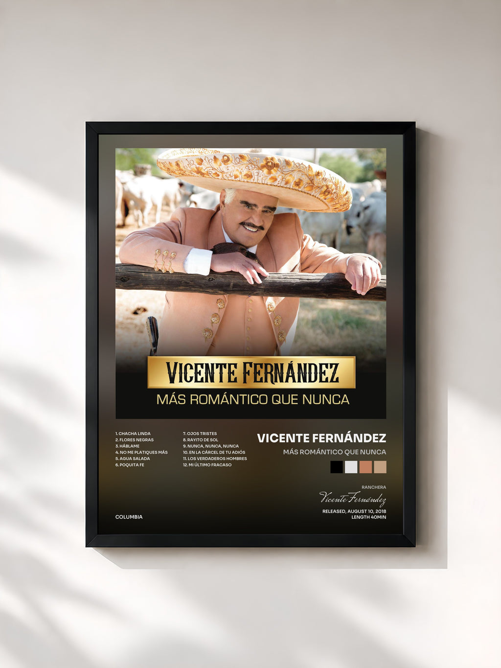 #noir Tableau de l'album Más Romántico Que Nunca de Vicente Fernández, cadre noir, imprimé et encadré en France