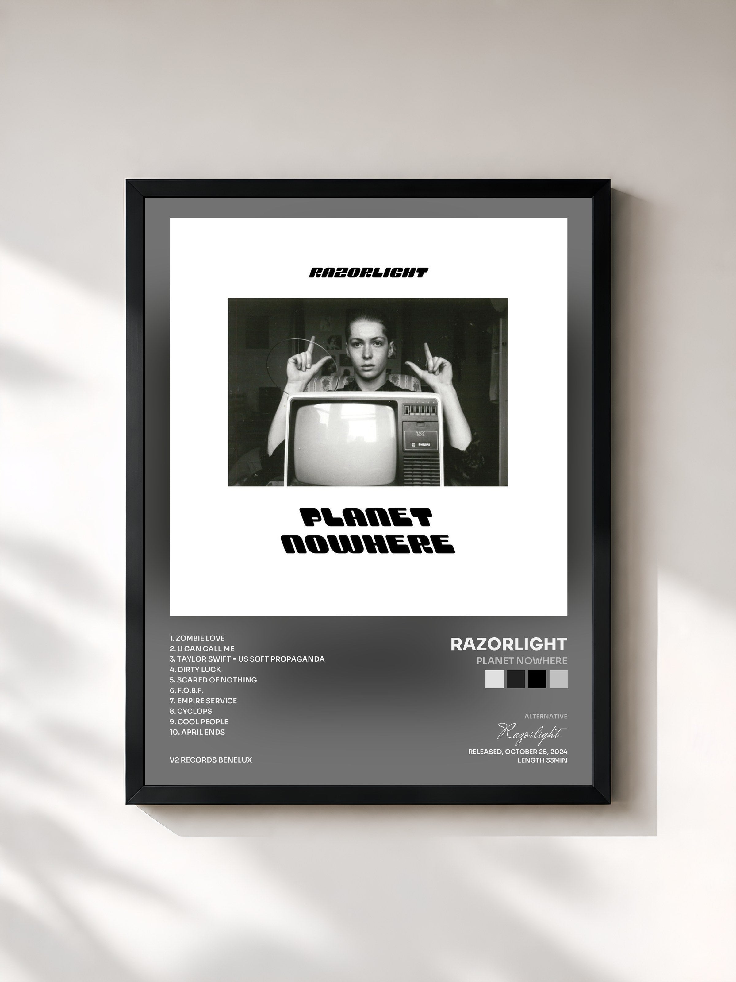 #noir Tableau de l'album Planet Nowhere de Razorlight, cadre noir, imprimé et encadré en France