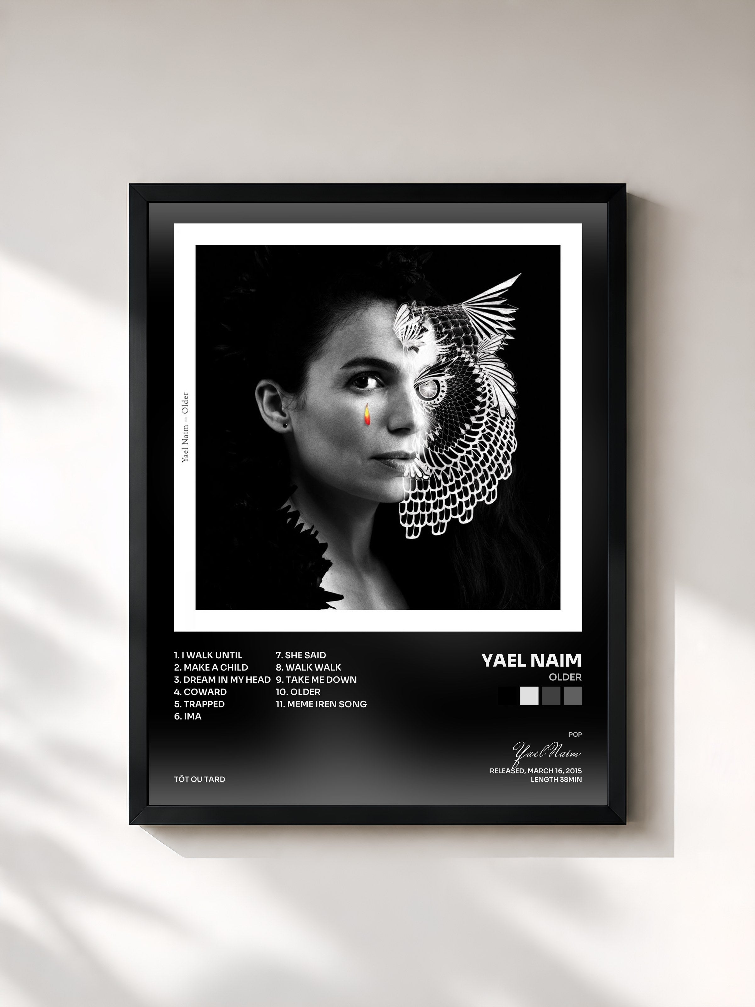 #noir Tableau de l'album Older de Yael Naim, cadre noir, imprimé et encadré en France
