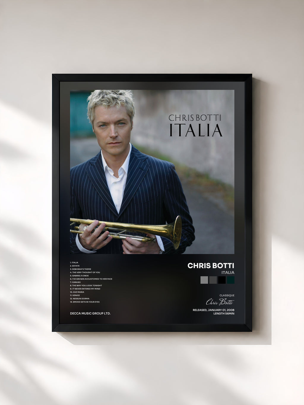 #noir Tableau de l'album Italia de Chris Botti, cadre noir, imprimé et encadré en France