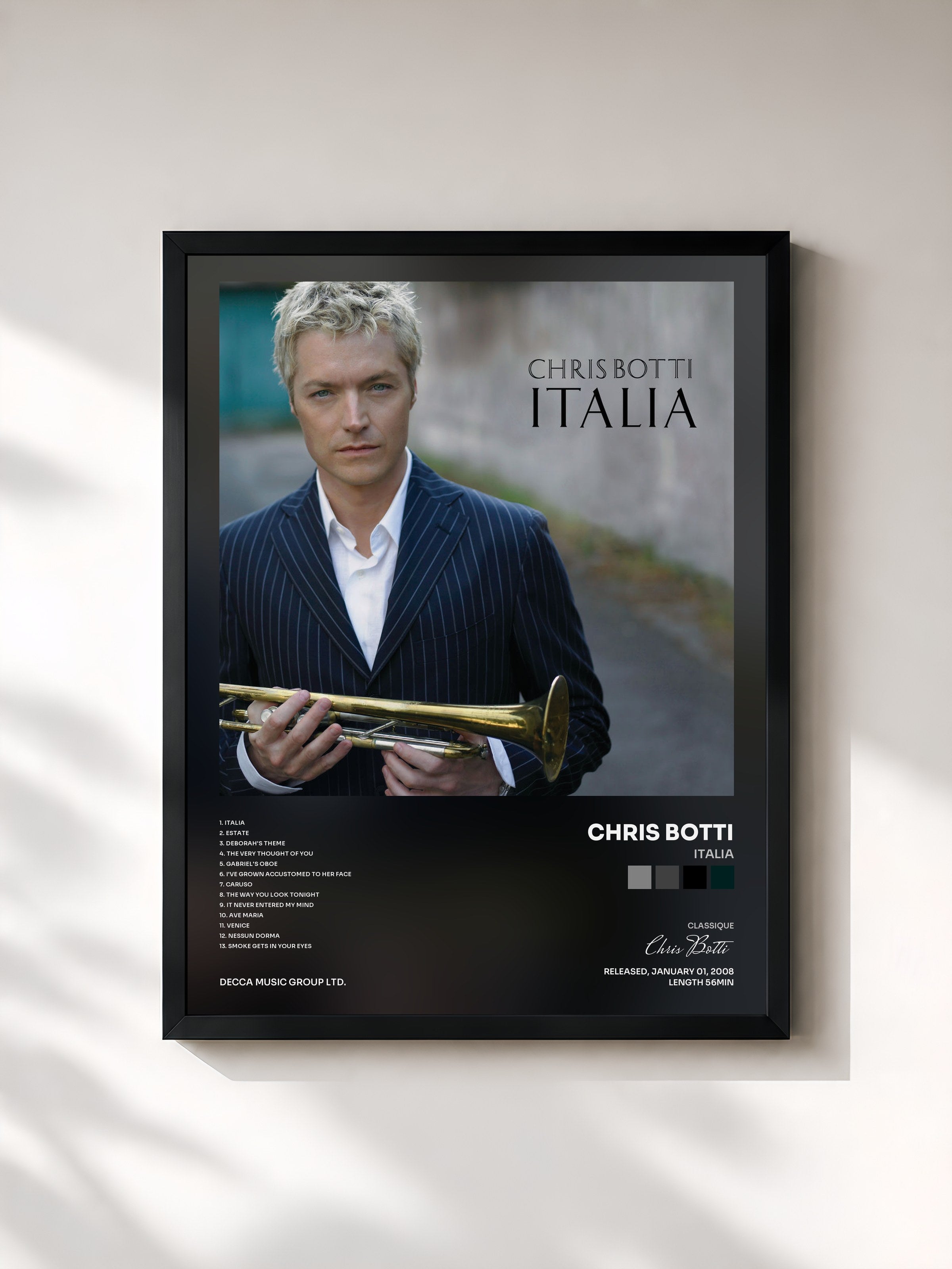 #noir Tableau de l'album Italia de Chris Botti, cadre noir, imprimé et encadré en France