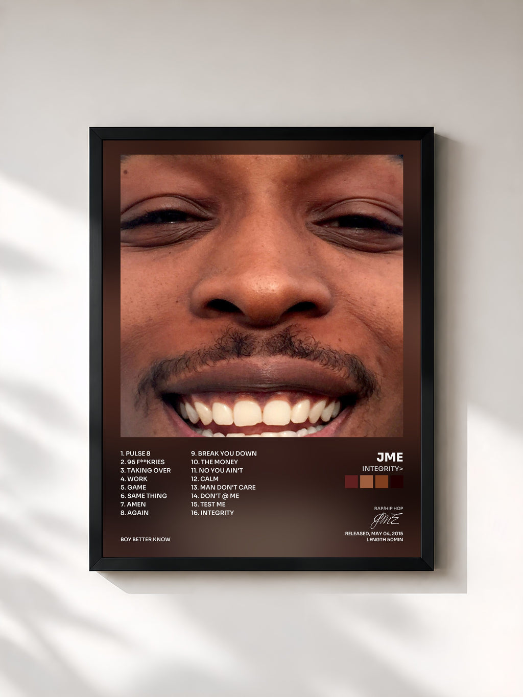 #noir Tableau de l'album Integrity> de JME, cadre noir, imprimé et encadré en France
