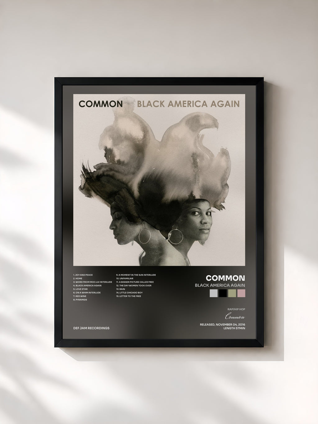 #noir Tableau de l'album Black America Again de Common, cadre noir, imprimé et encadré en France