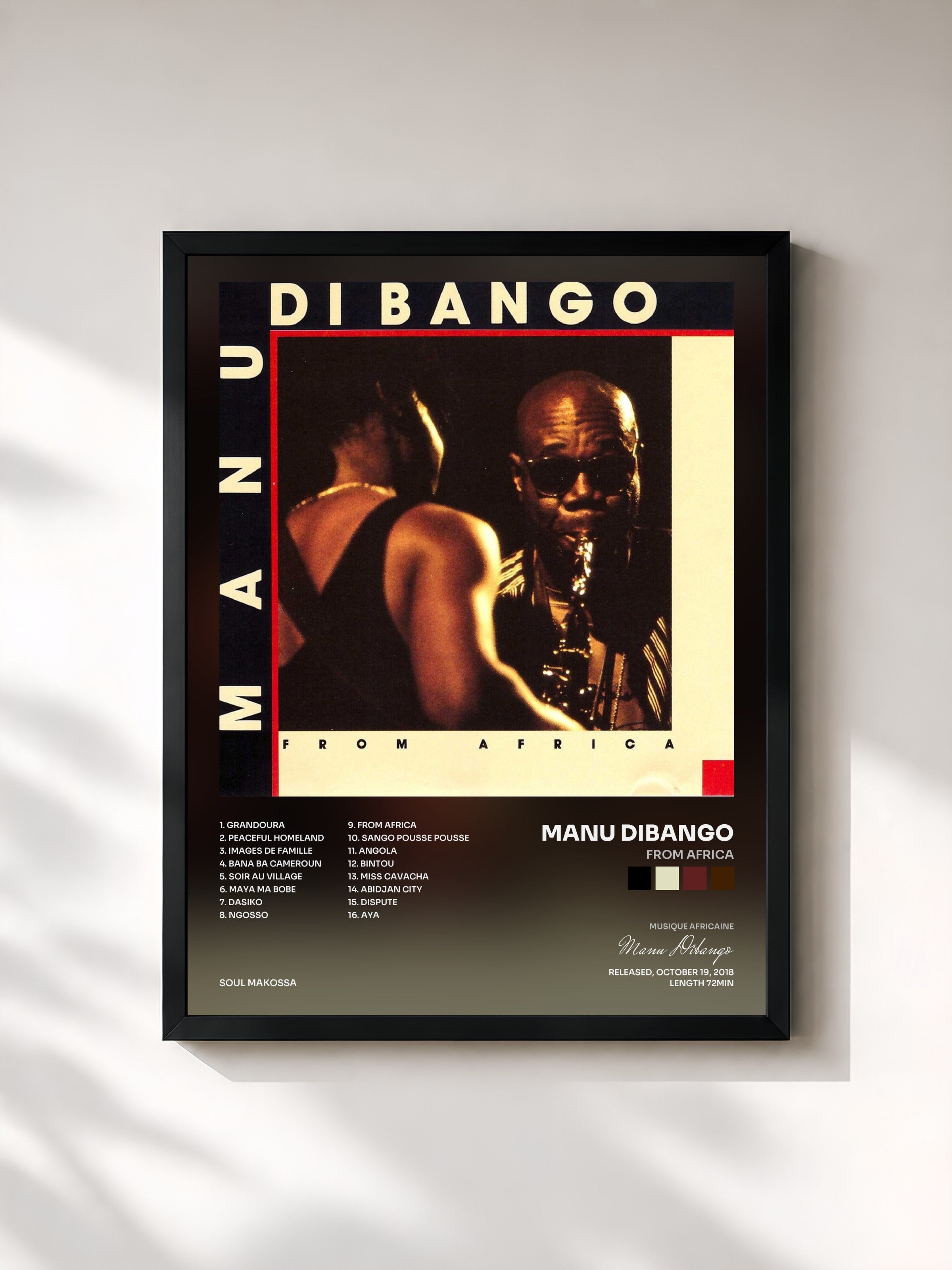 #noir Tableau de l'album From Africa de Manu Dibango, cadre noir, imprimé et encadré en France