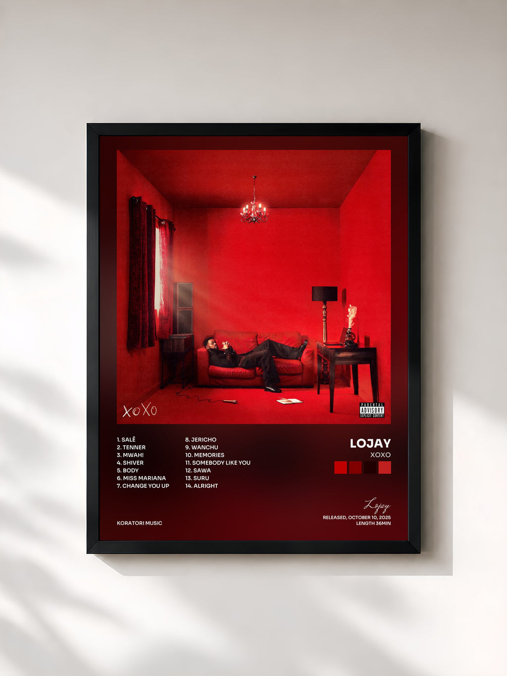 #noir Tableau de l'album XOXO de Lojay, cadre noir, imprimé et encadré en France