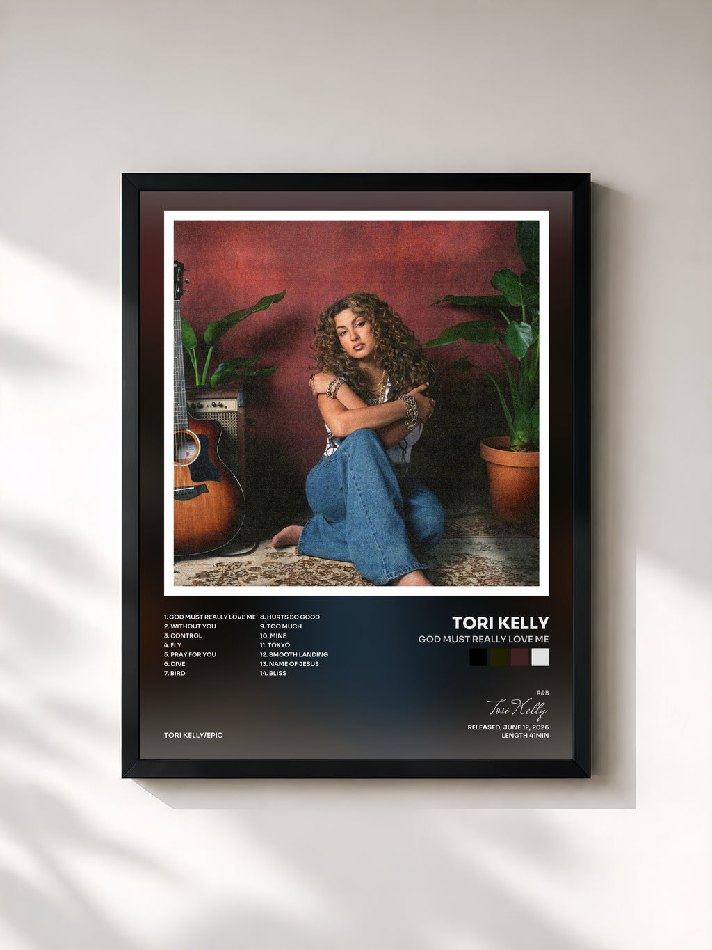 #noir Tableau de l'album God Must Really Love Me de Tori Kelly, cadre noir, imprimé et encadré en France