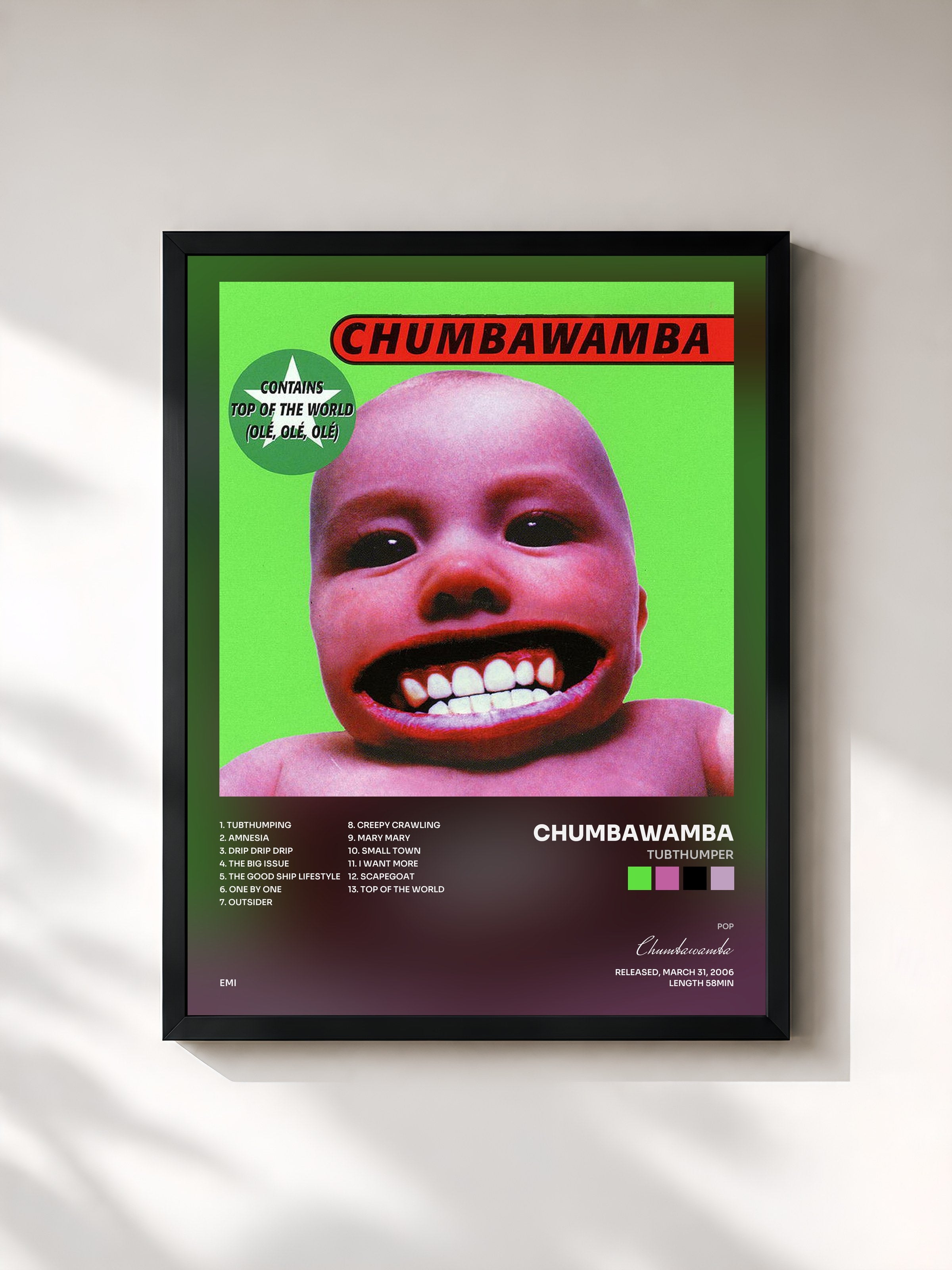 #noir Tableau de l'album Tubthumper de Chumbawamba, cadre noir, imprimé et encadré en France