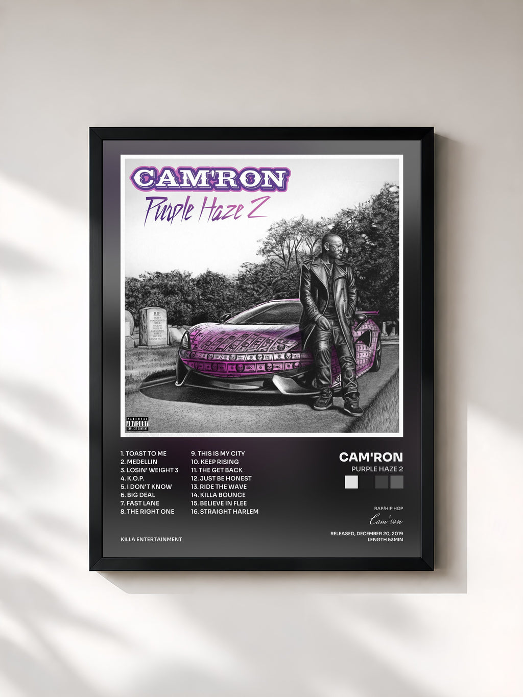 #noir Tableau de l'album Purple Haze 2 de Cam'ron, cadre noir, imprimé et encadré en France