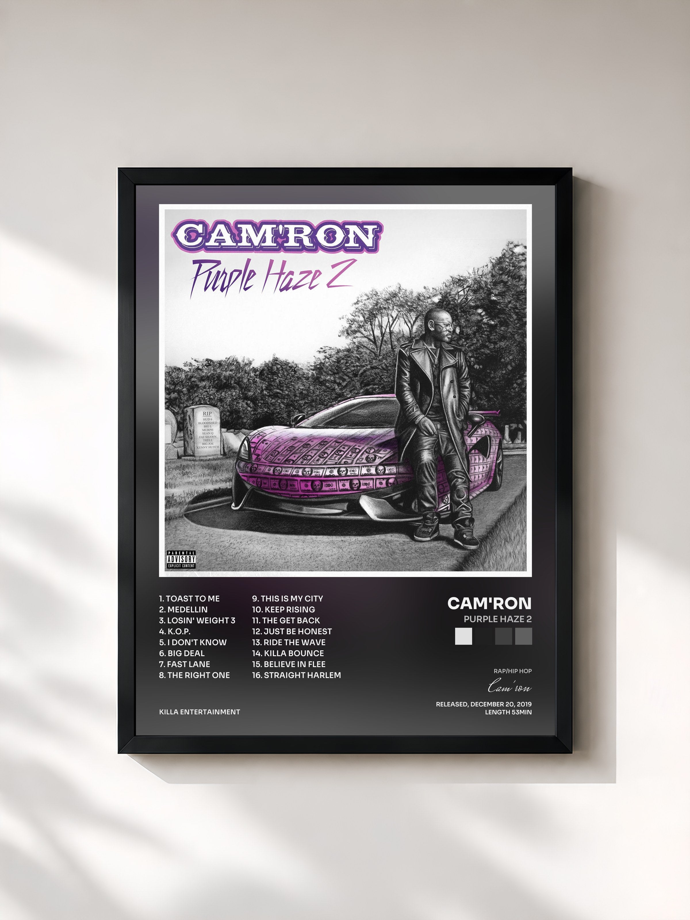 #noir Tableau de l'album Purple Haze 2 de Cam'ron, cadre noir, imprimé et encadré en France