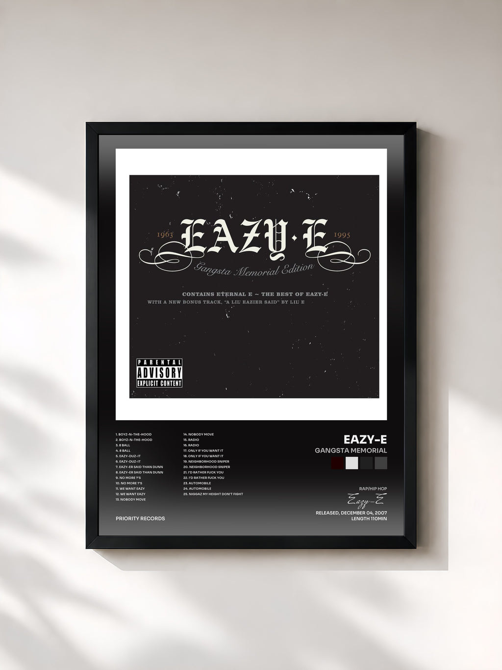 #noir Tableau de l'album Gangsta Memorial de Eazy-E, cadre noir, imprimé et encadré en France