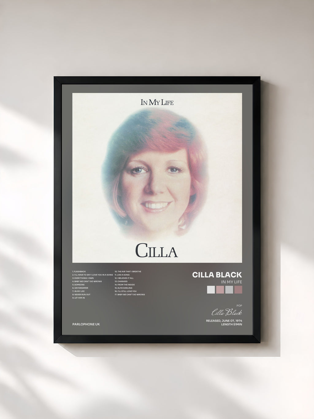 #noir Tableau de l'album In My Life de Cilla Black, cadre noir, imprimé et encadré en France