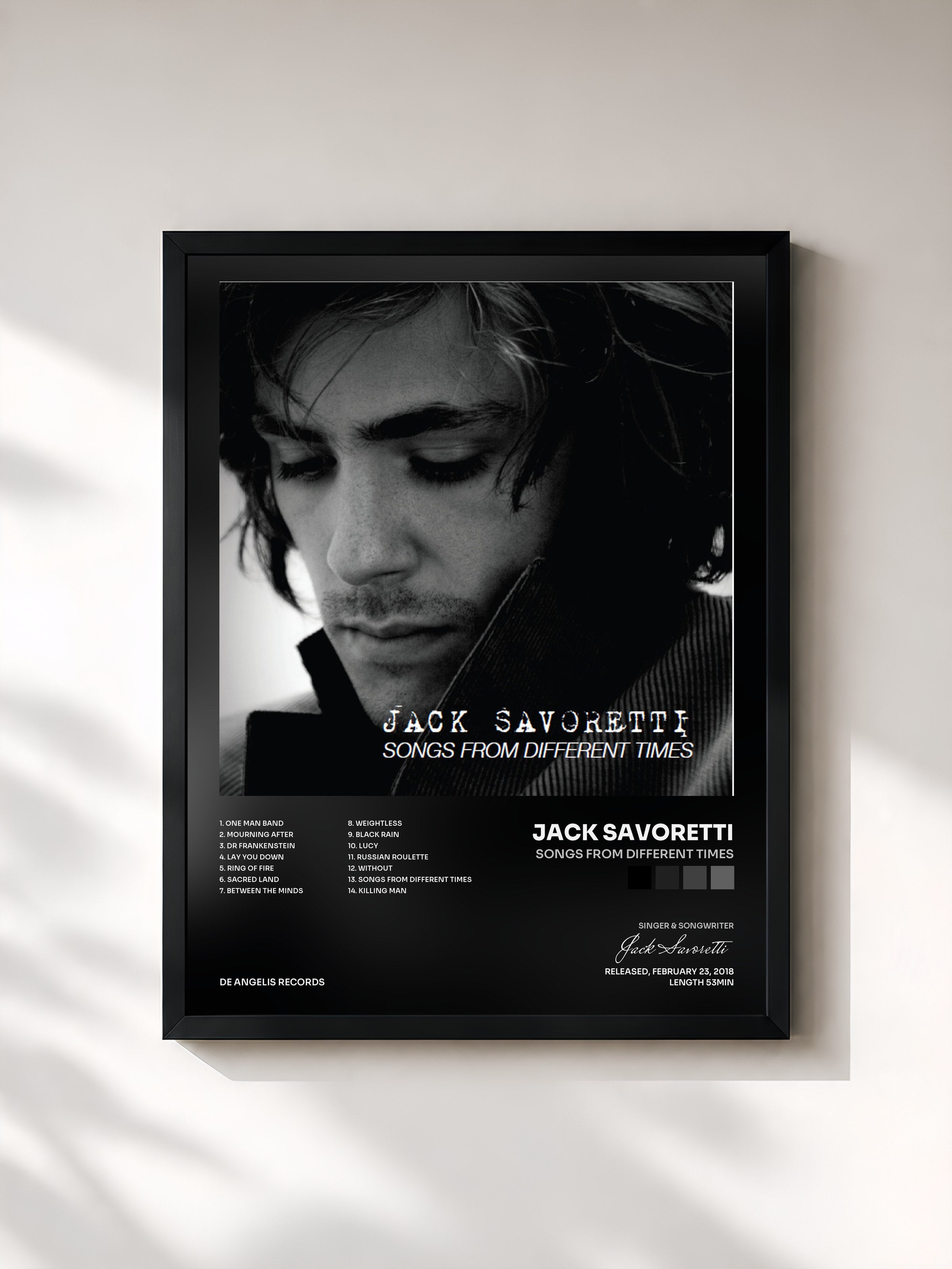 #noir Tableau de l'album Songs From Different Times de Jack Savoretti, cadre noir, imprimé et encadré en France
