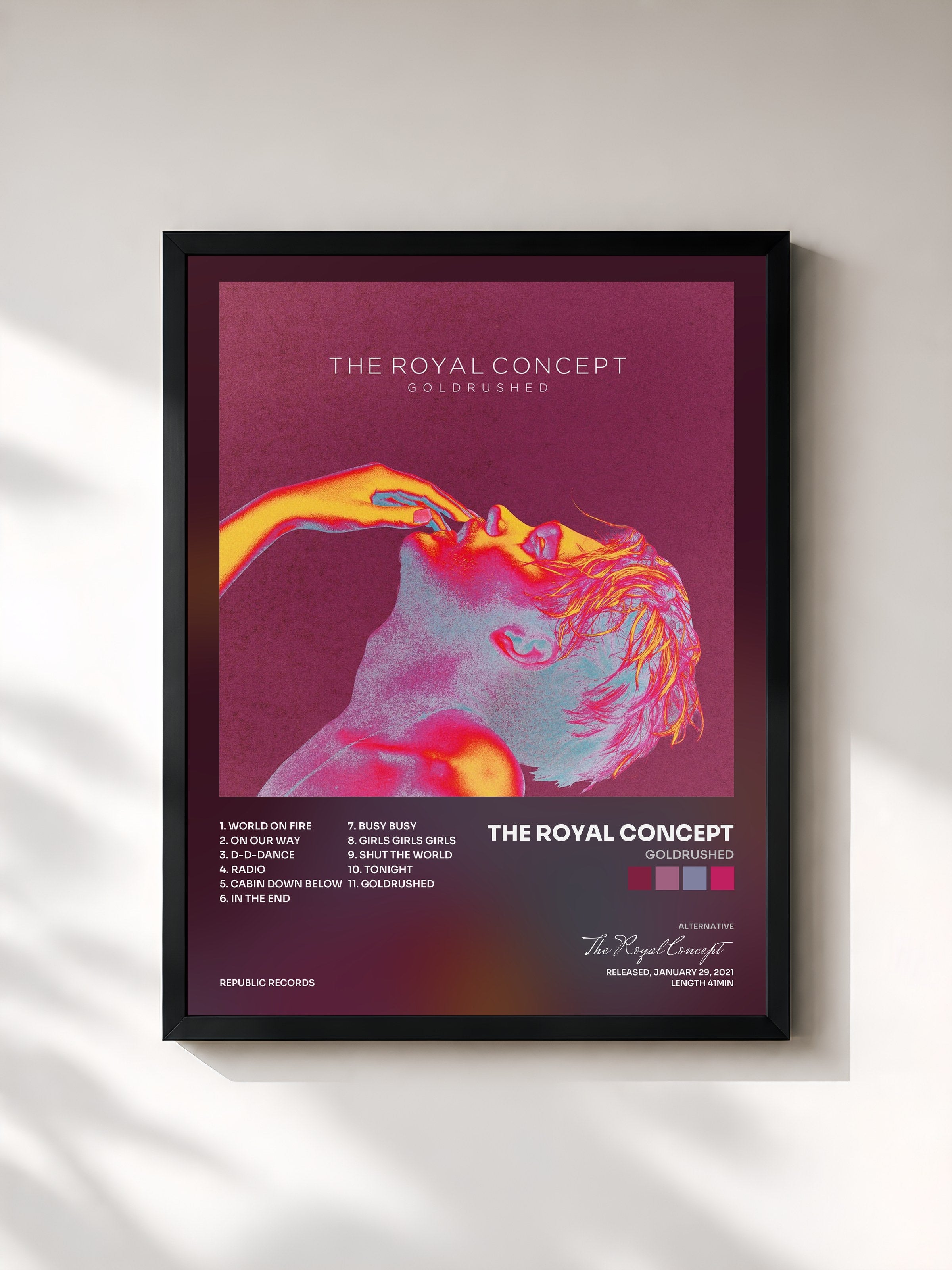 #noir Tableau de l'album Goldrushed de The Royal Concept, cadre noir, imprimé et encadré en France