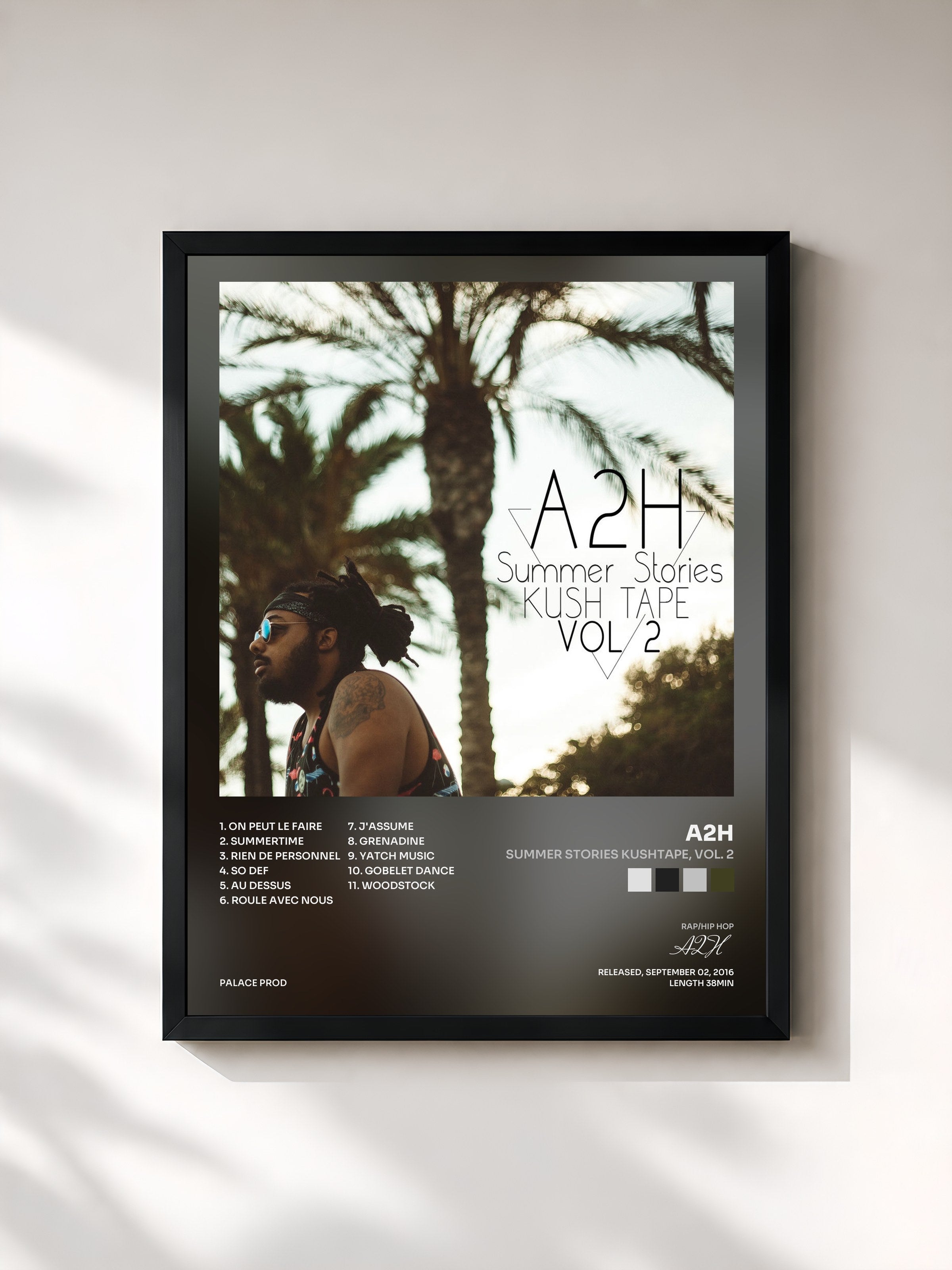 #noir Tableau de l'album Summer Stories Kushtape, Vol. 2 de A2H, cadre noir, imprimé et encadré en France