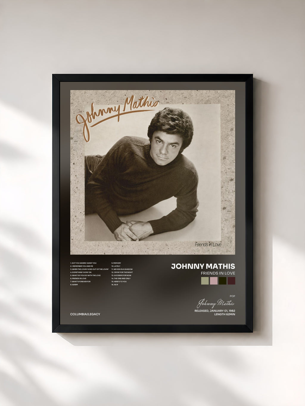 #noir Tableau de l'album Friends In Love de Johnny Mathis, cadre noir, imprimé et encadré en France