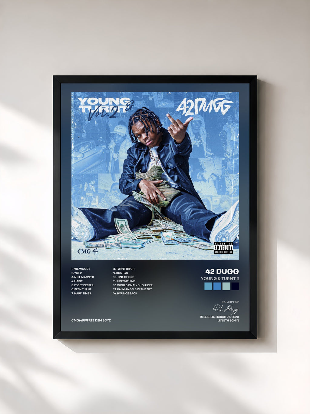 #noir Tableau de l'album Young & Turnt 2 de 42 Dugg, cadre noir, imprimé et encadré en France