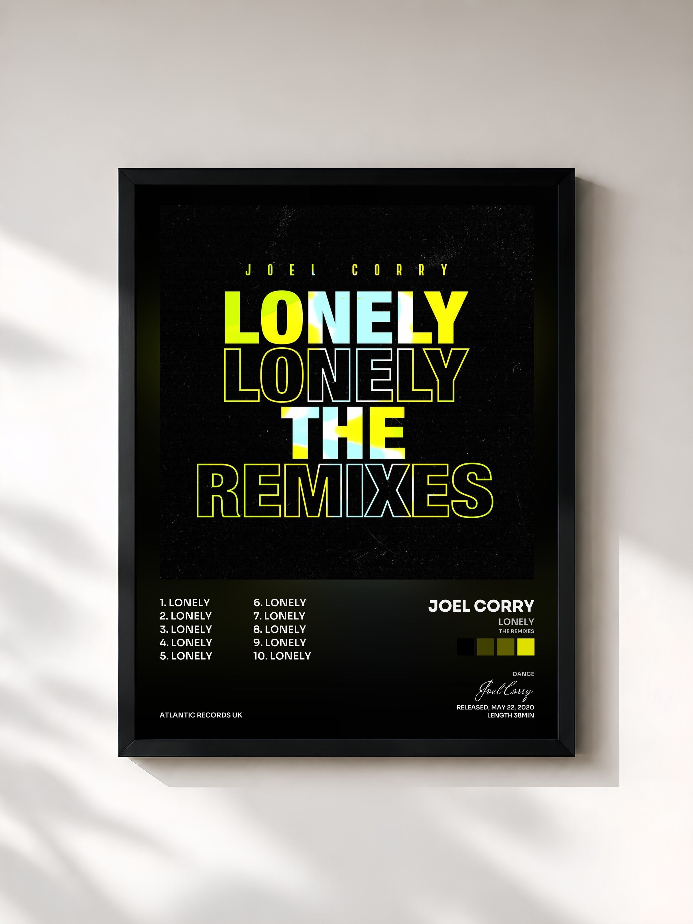 #noir Tableau de l'album Lonely (The Remixes) de Joel Corry, cadre noir, imprimé et encadré en France