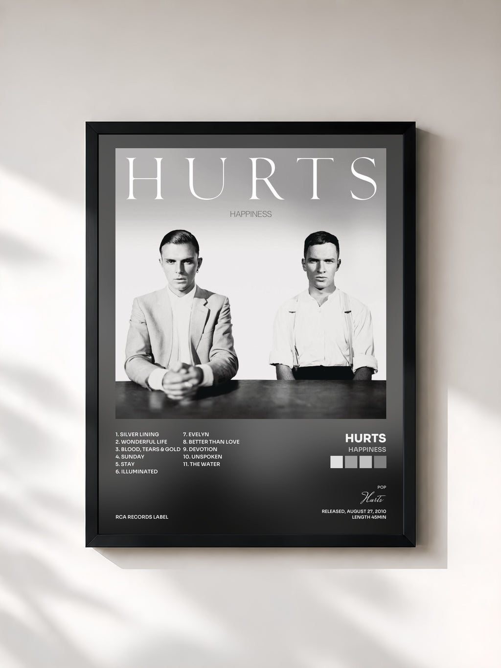 #noir Tableau de l'album Happiness de Hurts, cadre noir, imprimé et encadré en France