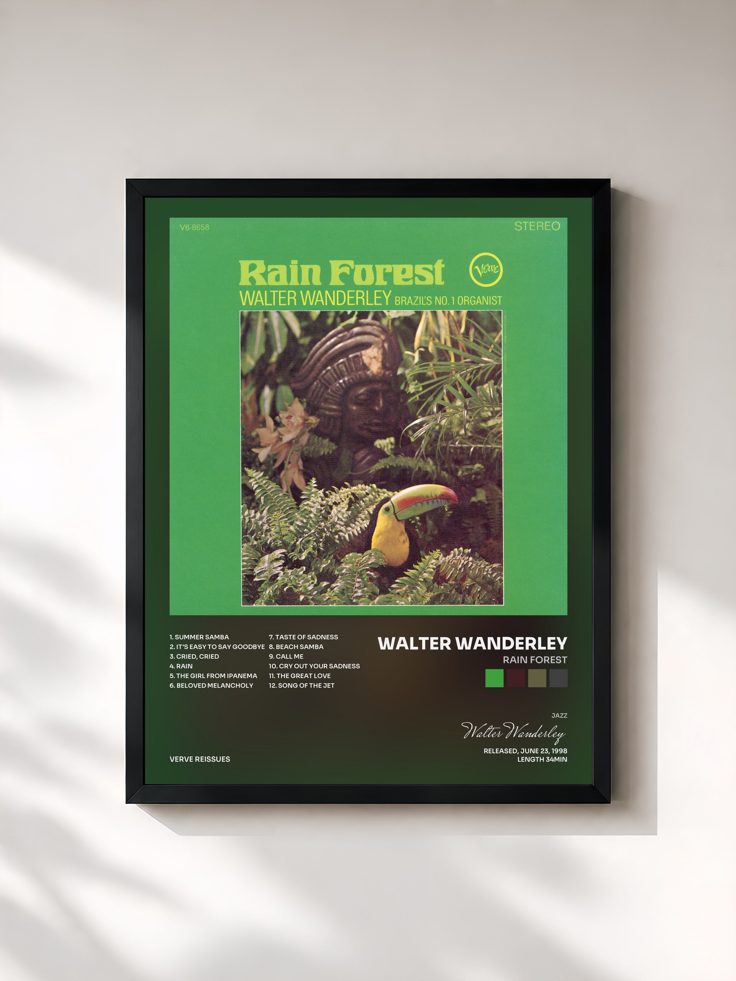 #noir Tableau de l'album Rain Forest de Walter Wanderley, cadre noir, imprimé et encadré en France