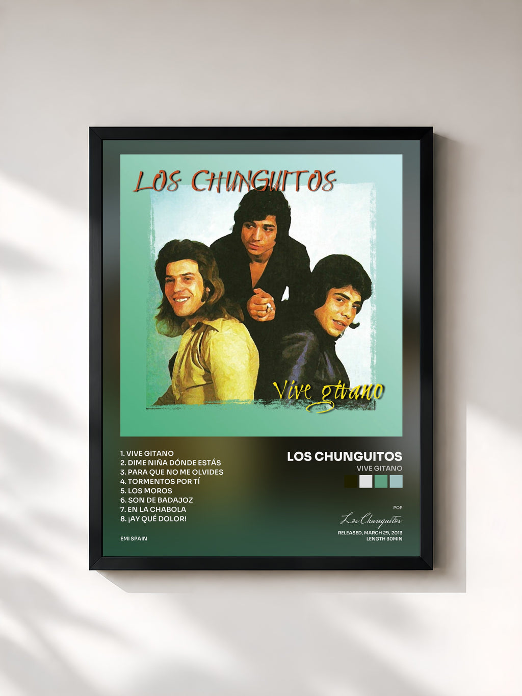 #noir Tableau de l'album Vive Gitano de Los Chunguitos, cadre noir, imprimé et encadré en France