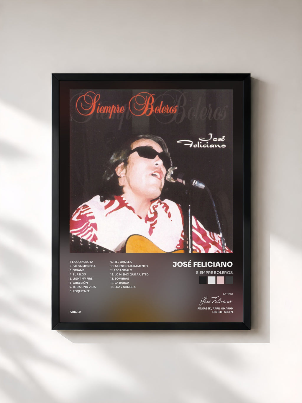 #noir Tableau de l'album Siempre Boleros de José Feliciano, cadre noir, imprimé et encadré en France