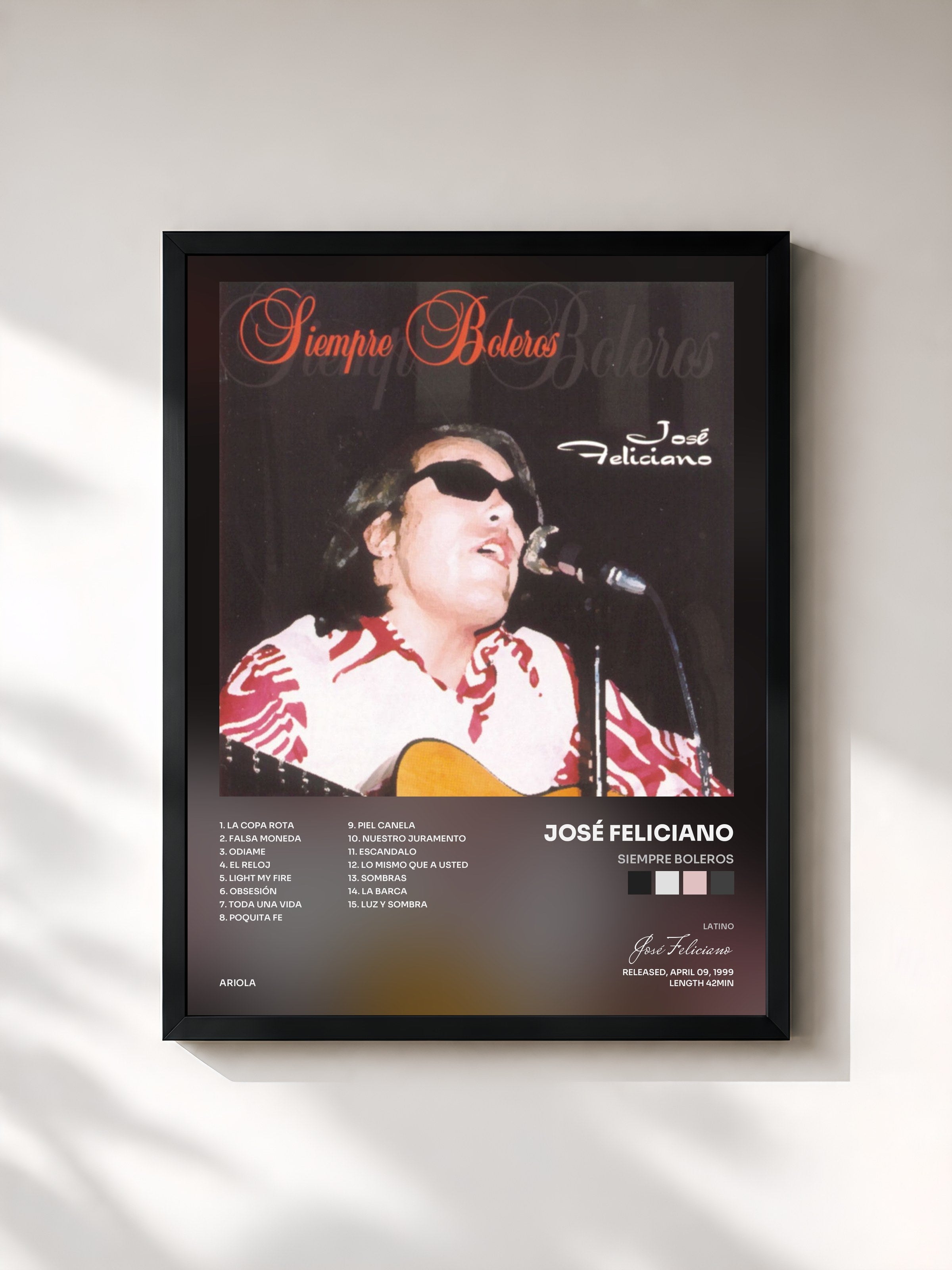 #noir Tableau de l'album Siempre Boleros de José Feliciano, cadre noir, imprimé et encadré en France
