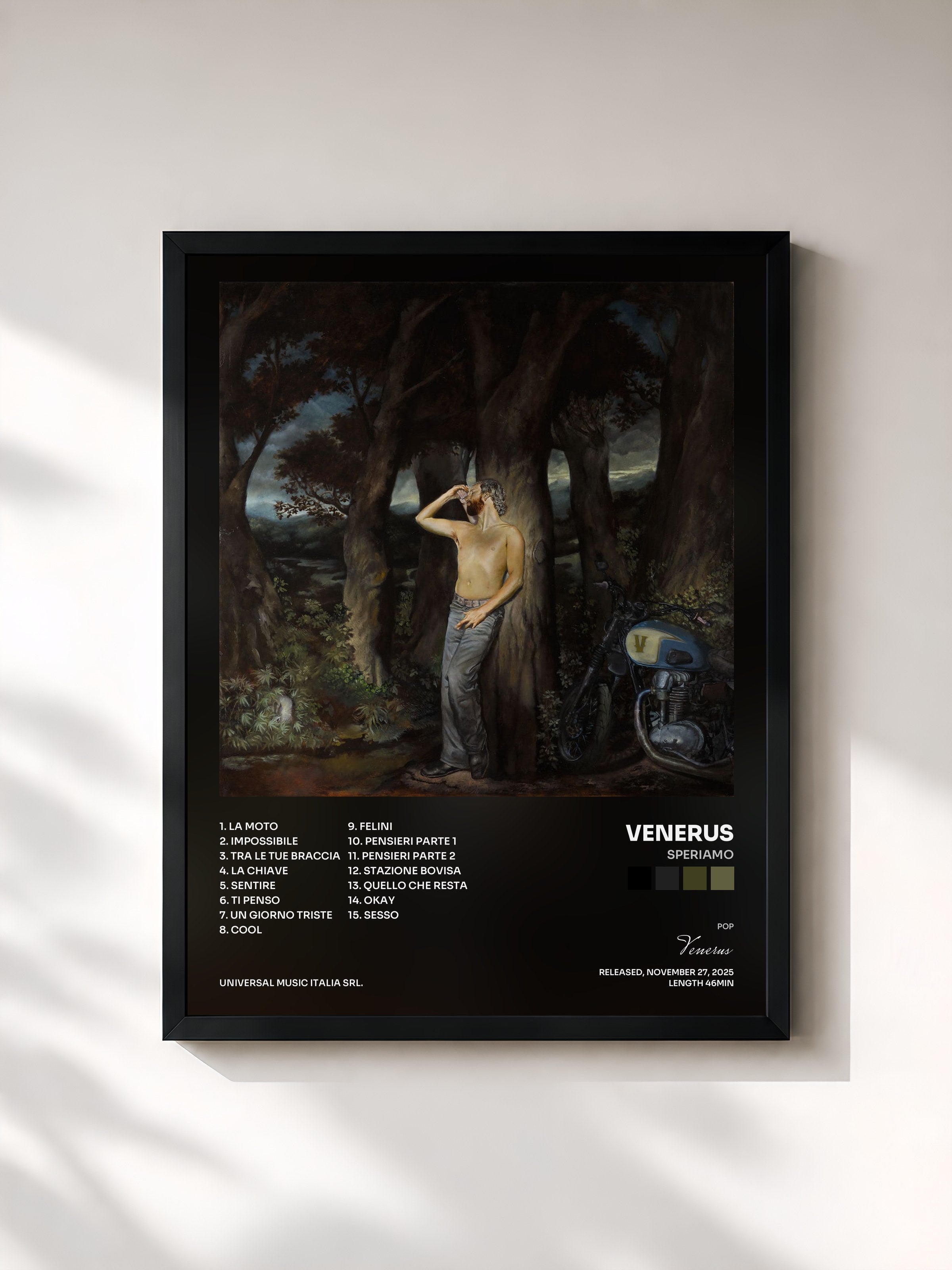 #noir Tableau de l'album Speriamo de Venerus, cadre noir, imprimé et encadré en France