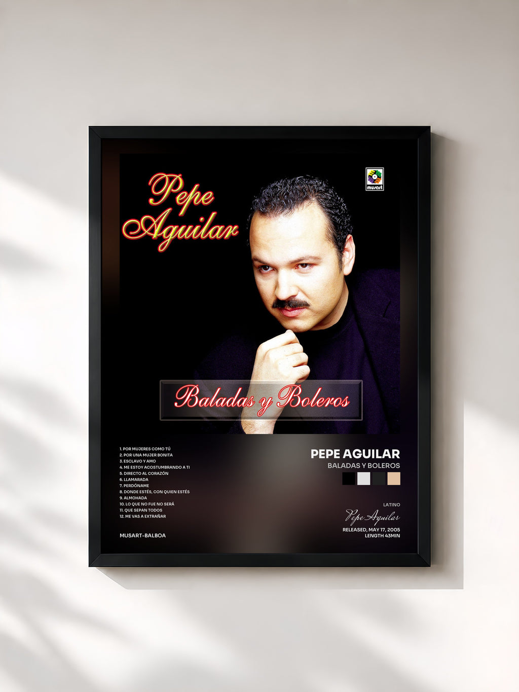 #noir Tableau de l'album Baladas Y Boleros de Pepe Aguilar, cadre noir, imprimé et encadré en France