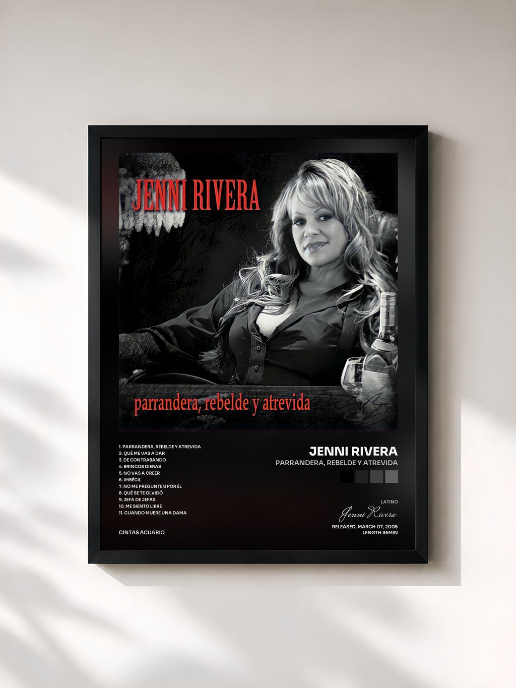 #noir Tableau de l'album Parrandera, Rebelde y Atrevida de Jenni Rivera, cadre noir, imprimé et encadré en France