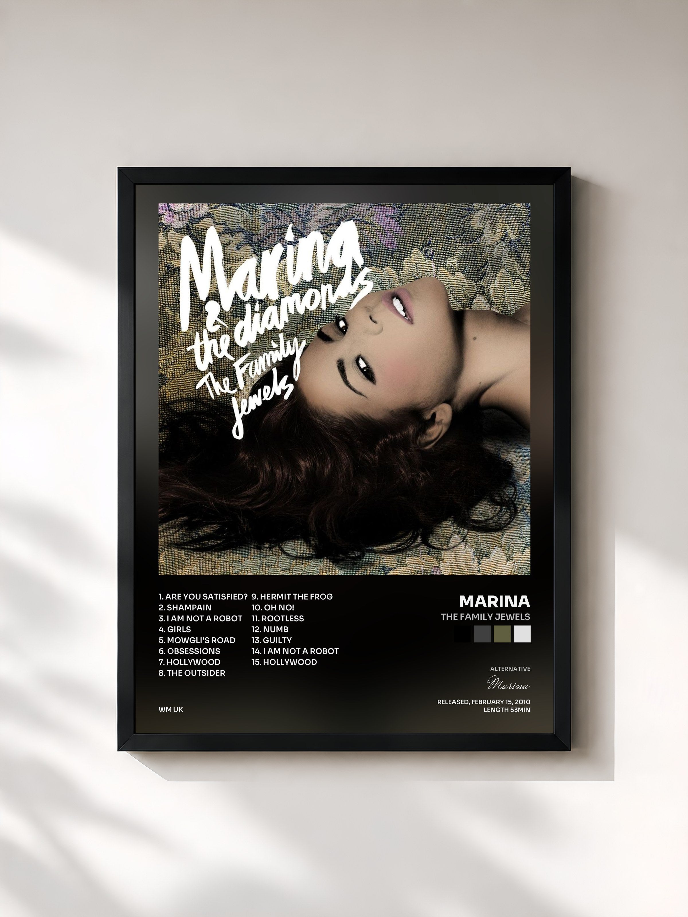 #noir Tableau de l'album The Family Jewels de Marina, cadre noir, imprimé et encadré en France