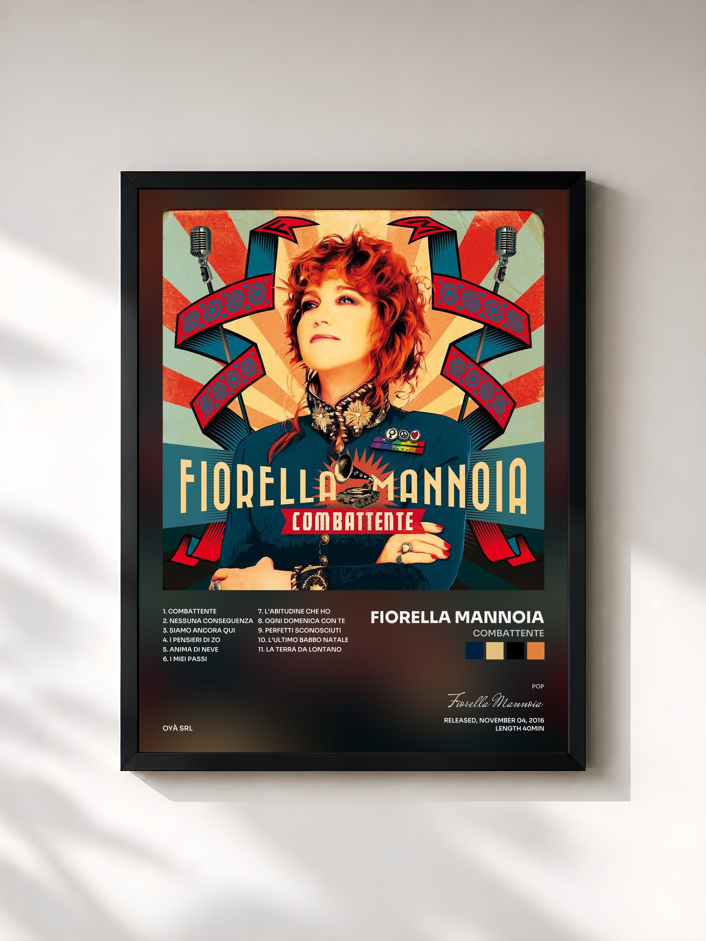 #noir Tableau de l'album Combattente de Fiorella Mannoia, cadre noir, imprimé et encadré en France