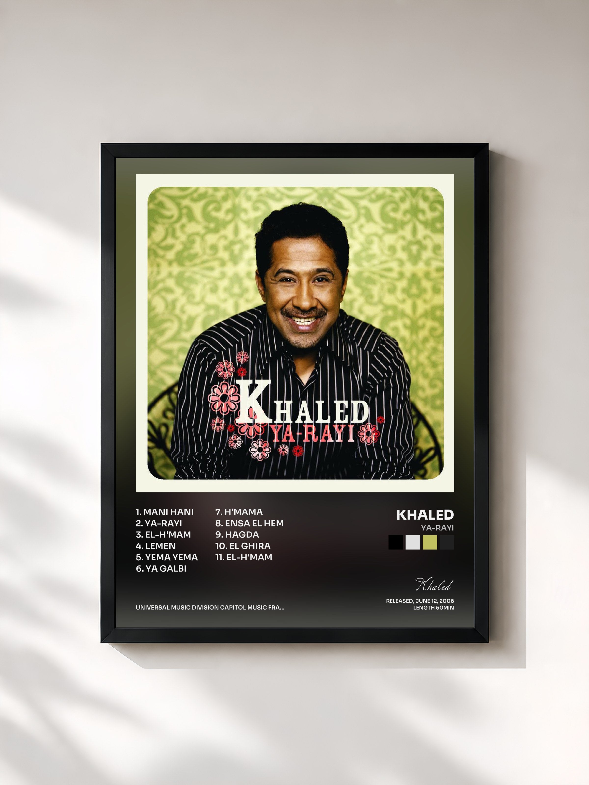 #noir Tableau de l'album Ya-Rayi de Khaled, cadre noir, imprimé et encadré en France