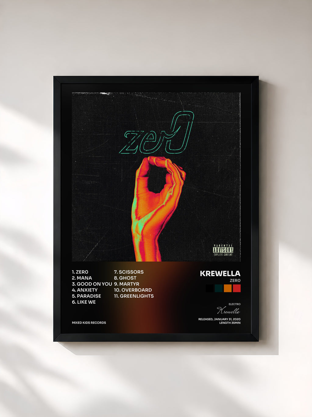 #noir Tableau de l'album zer0 de Krewella, cadre noir, imprimé et encadré en France