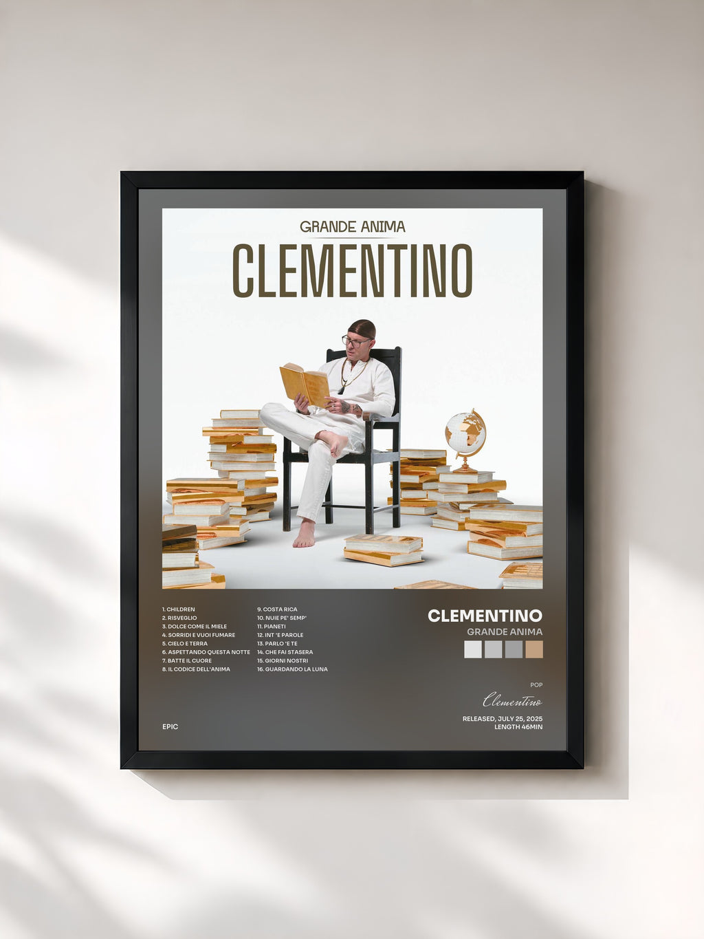 #noir Tableau de l'album GRANDE ANIMA de Clementino, cadre noir, imprimé et encadré en France