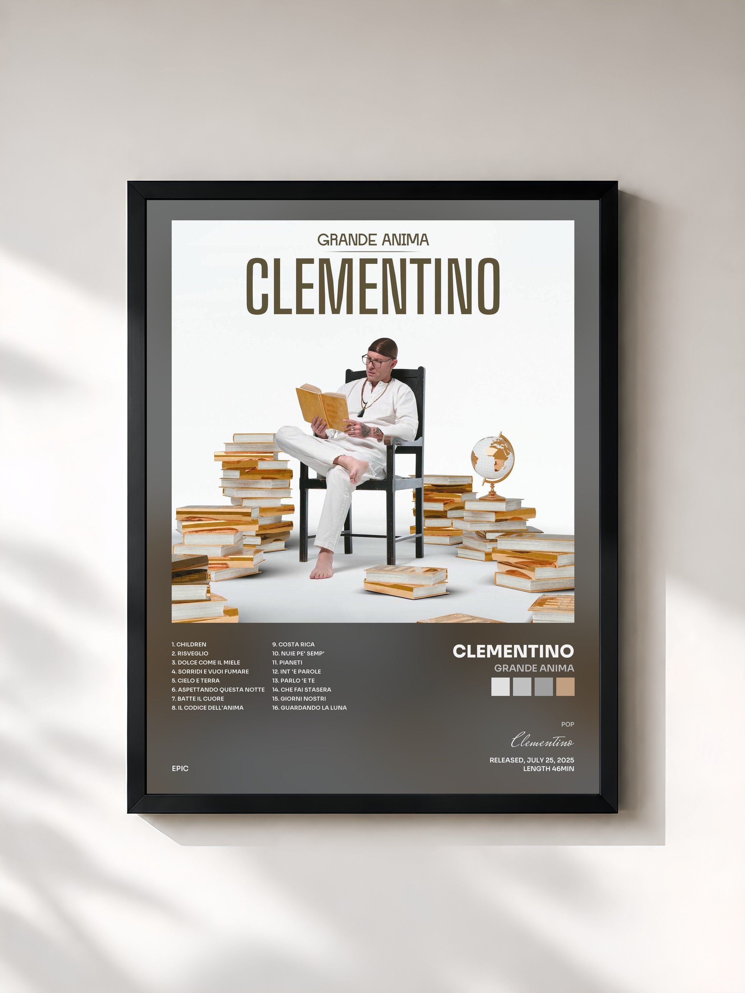 #noir Tableau de l'album GRANDE ANIMA de Clementino, cadre noir, imprimé et encadré en France