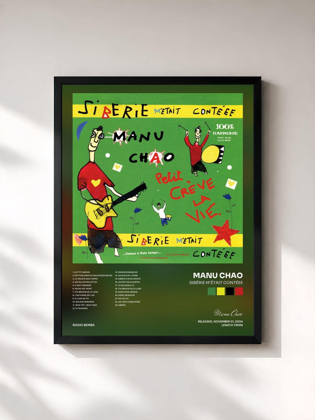 #noir Tableau de l'album Sibérie m'était contéee de Manu Chao, cadre noir, imprimé et encadré en France
