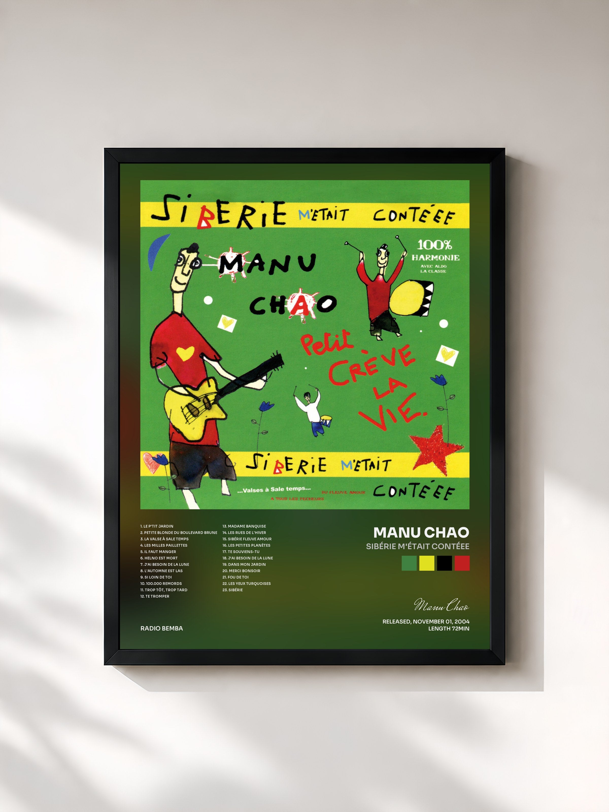 #noir Tableau de l'album Sibérie m'était contéee de Manu Chao, cadre noir, imprimé et encadré en France