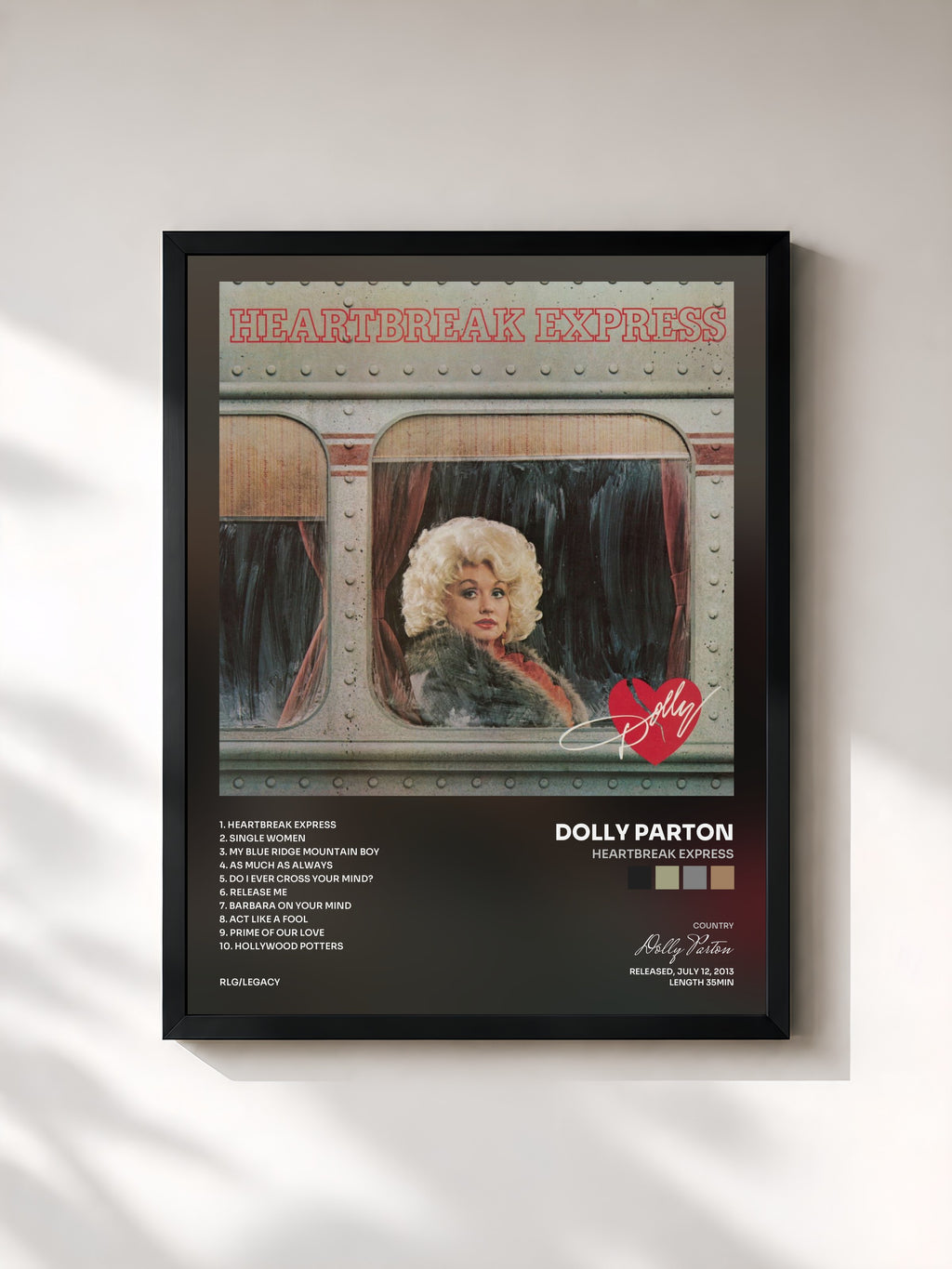 #noir Tableau de l'album Heartbreak Express de Dolly Parton, cadre noir, imprimé et encadré en France