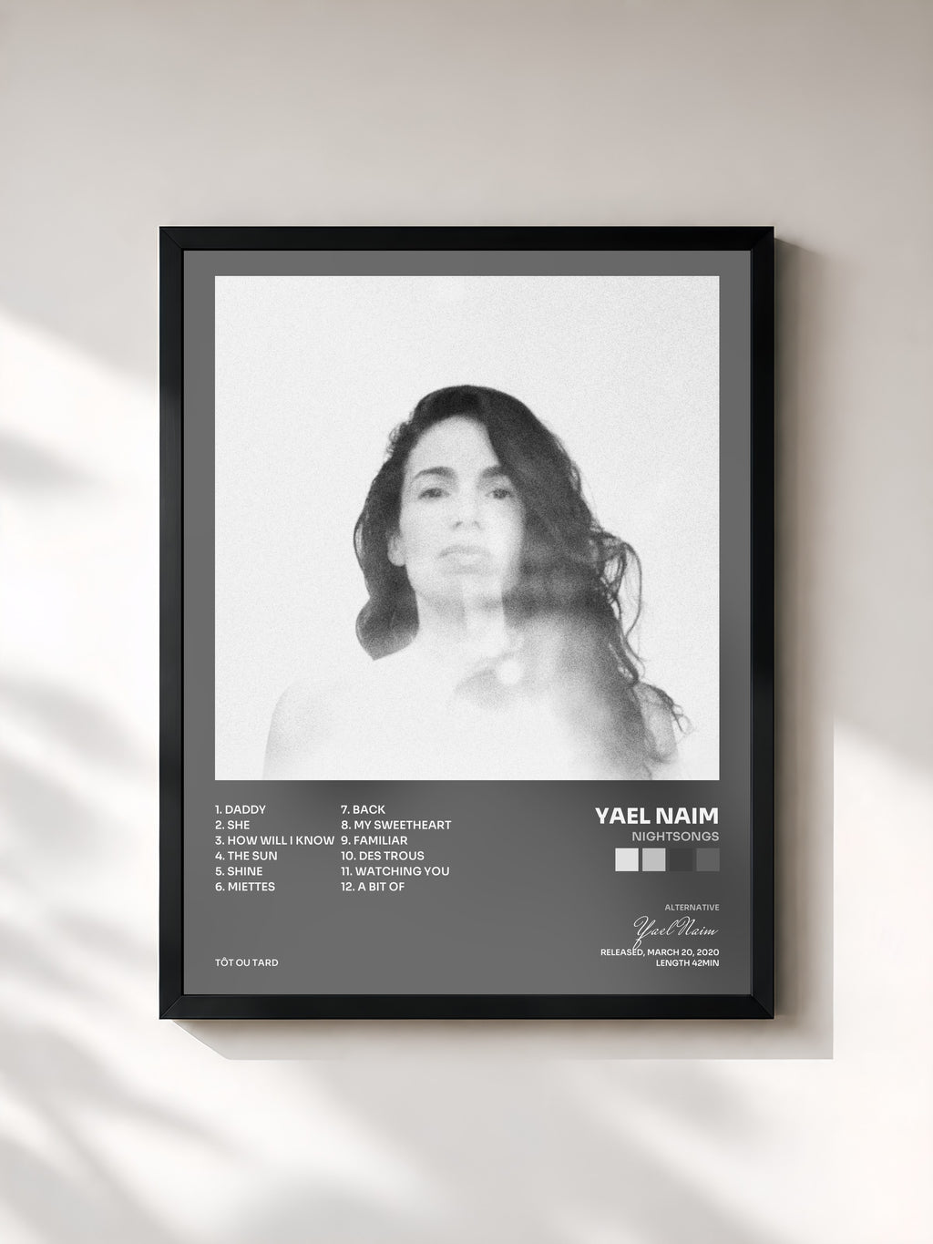 #noir Tableau de l'album nightsongs de Yael Naim, cadre noir, imprimé et encadré en France