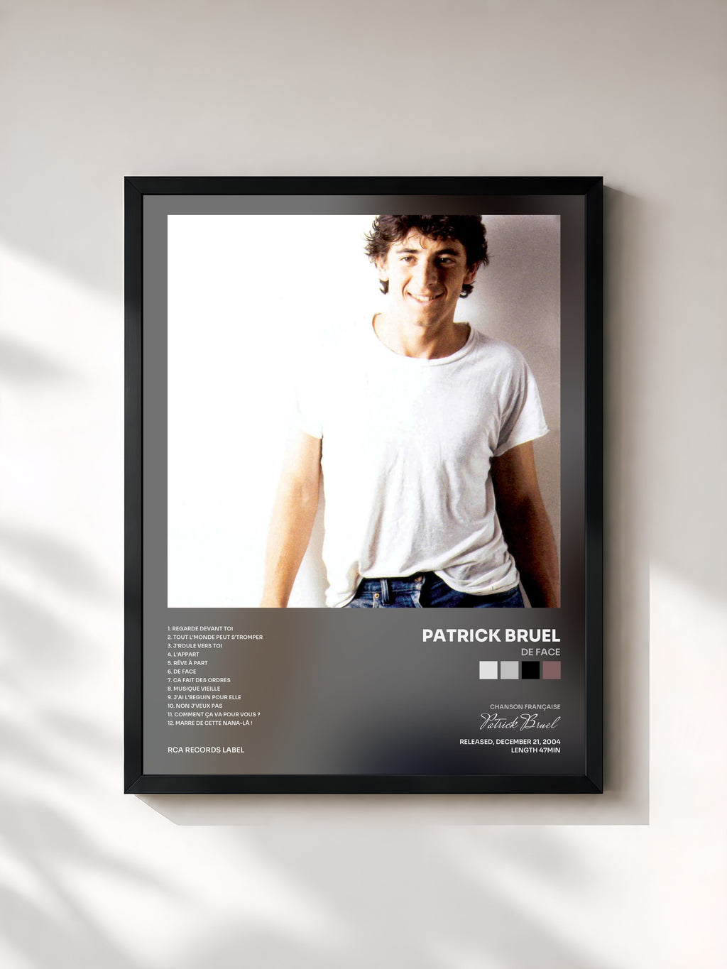 #noir Tableau de l'album De Face de Patrick Bruel, cadre noir, imprimé et encadré en France
