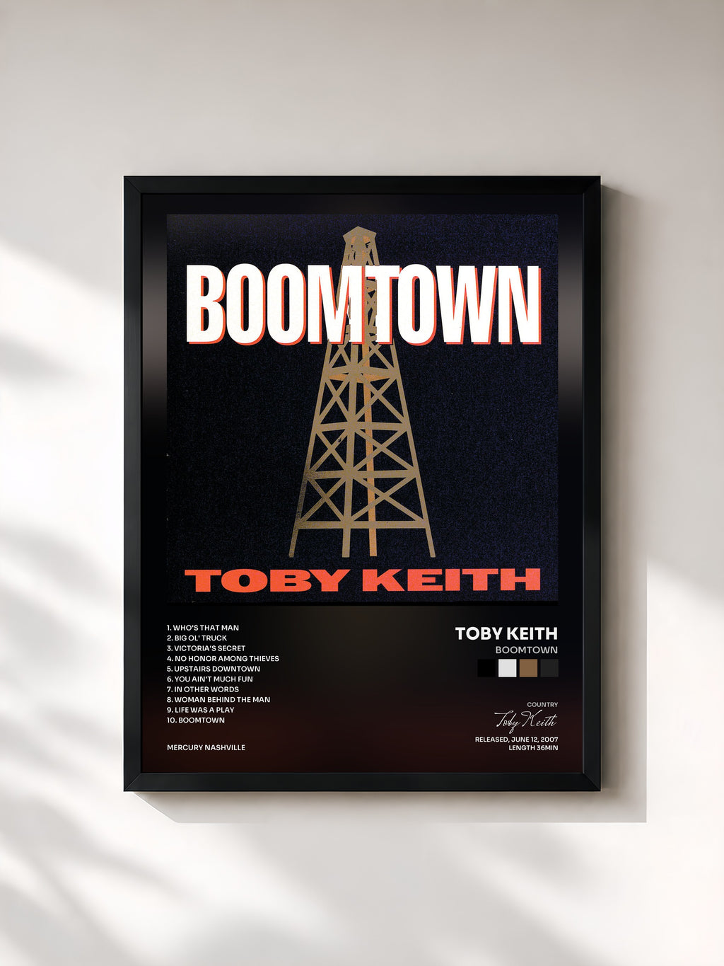 #noir Tableau de l'album Boomtown de Toby Keith, cadre noir, imprimé et encadré en France