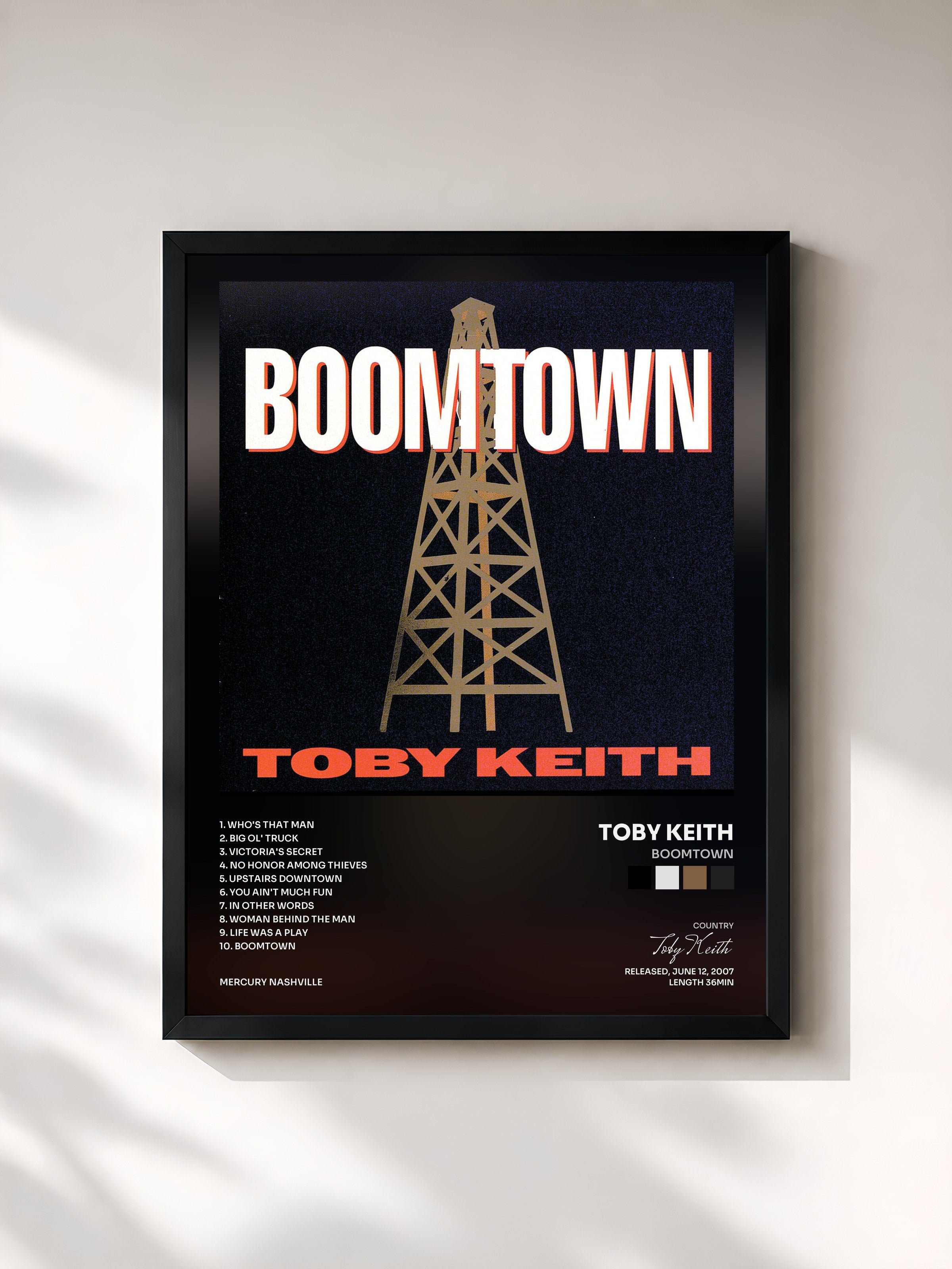 #noir Tableau de l'album Boomtown de Toby Keith, cadre noir, imprimé et encadré en France