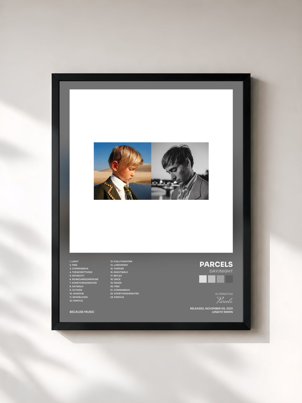 #noir Tableau de l'album Day/Night de Parcels, cadre noir, imprimé et encadré en France