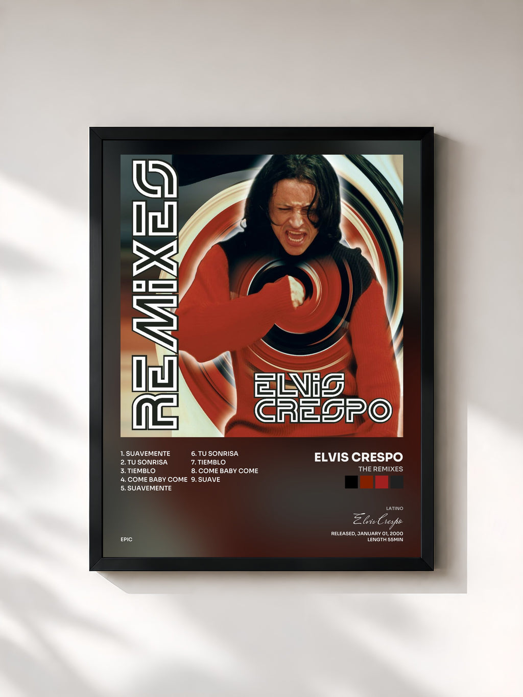 #noir Tableau de l'album The Remixes de Elvis Crespo, cadre noir, imprimé et encadré en France