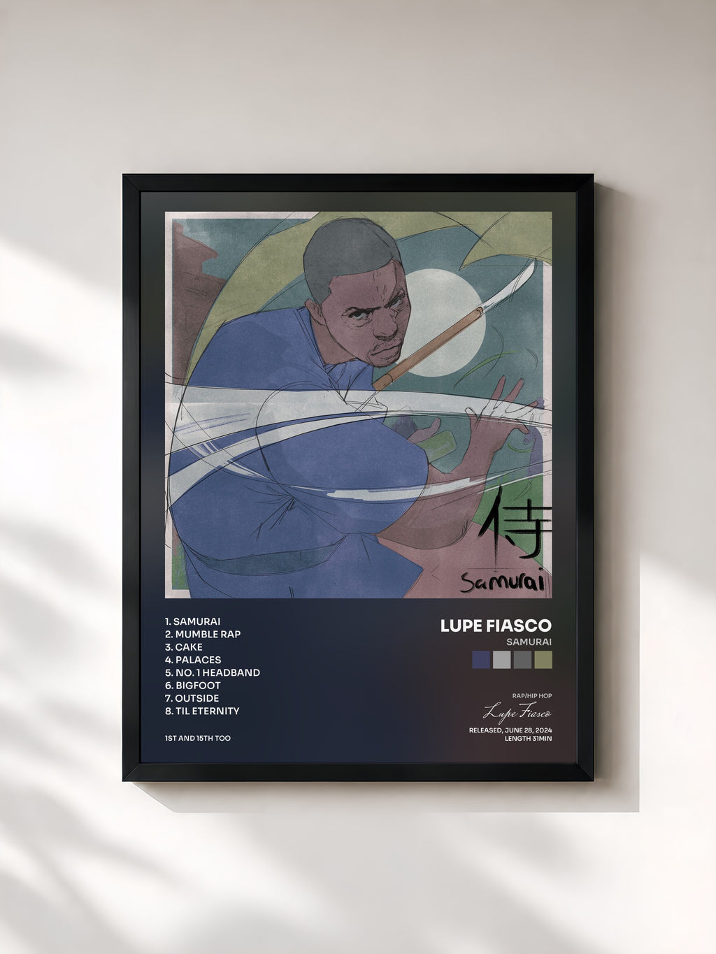 #noir Tableau de l'album Samurai de Lupe Fiasco, cadre noir, imprimé et encadré en France