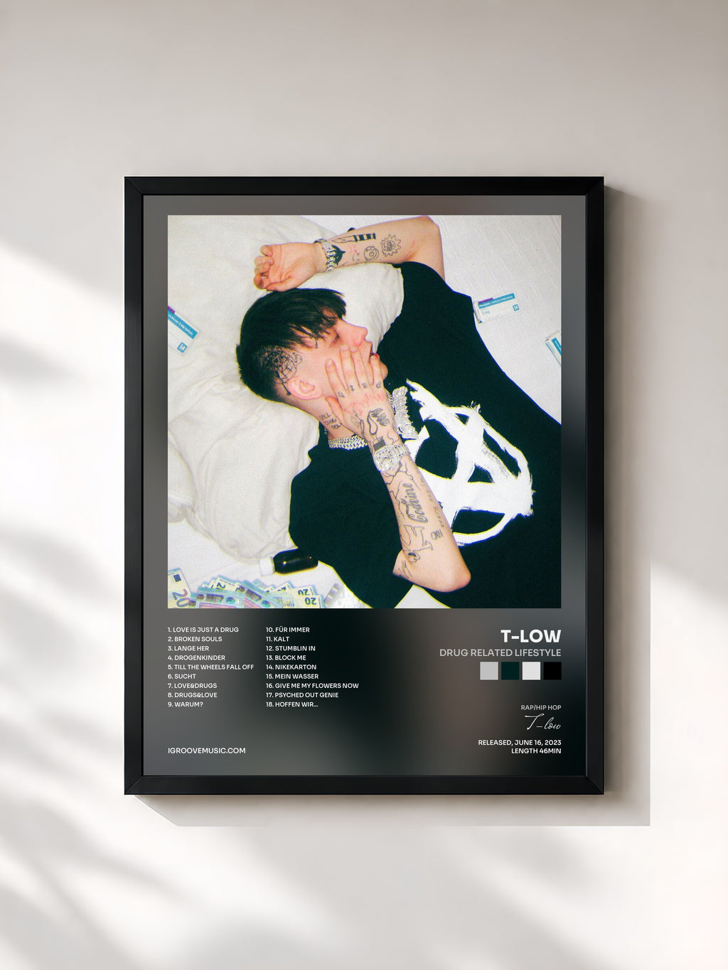 #noir Tableau de l'album Drug Related Lifestyle de T-low, cadre noir, imprimé et encadré en France